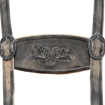 Close-up embroidery on chest strap of AlpenJunge kids lederhosen in vintage brown