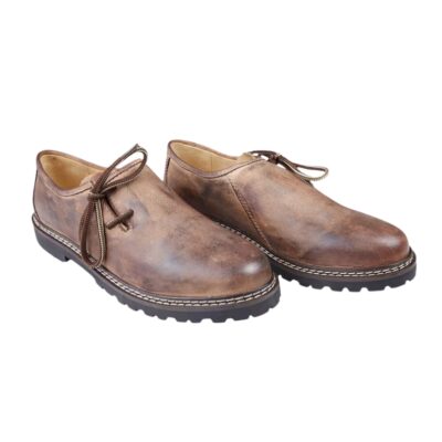 Angled front view of Woodlander Bavarian Shoes in rustic brown leather with contrast stitching and rugged soles.