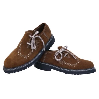 Alpine Lederhosen Shoes brown suede side view with traditional embroidery