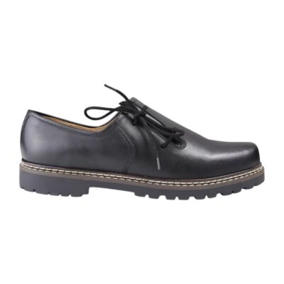 Side profile of a sleek Blackridge Lederhosen Shoe in black leather with clean stitching and a rugged sole.
