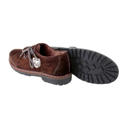 Back and underside view of Festride Lederhosen Shoes highlighting the rugged black tread sole and decorative heel stitching