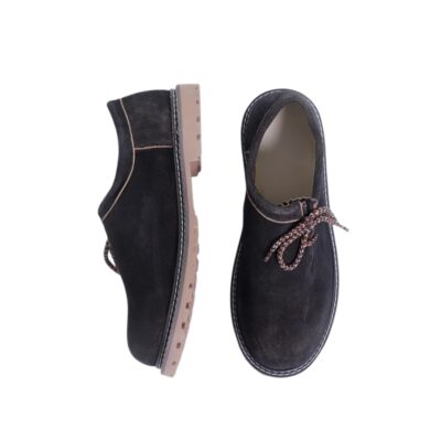 Top and side flat lay view of Matte Black Oktoberfest Shoes showcasing rustic suede texture and durable sole.