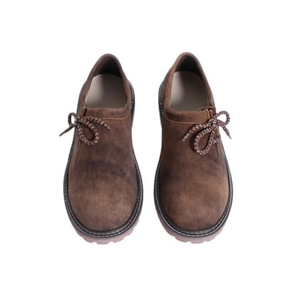 Top-down view of Bucktrail Lederhosen Shoes showing the rounded toe design, smooth brown suede upper, and contrasting braided laces.