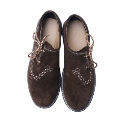 Top-down view of Alpine Moc Lederhosen Shoes in dark brown suede with traditional white embroidery and braided laces
