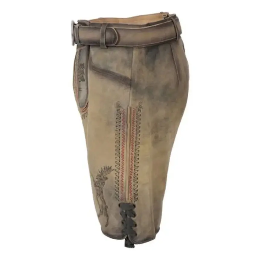 Side profile of Almstark Lederhosen showing intricate stitching