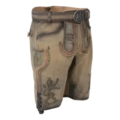 Close-up of embroidered Bavarian lion on Almstark leather shorts