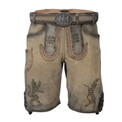 Front view of traditional Almstark Lederhosen with Bavarian embroidery