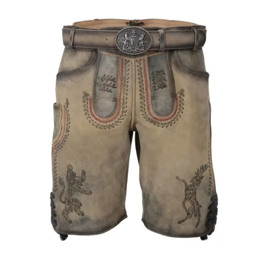 Front view of traditional Almstark Lederhosen with Bavarian embroidery