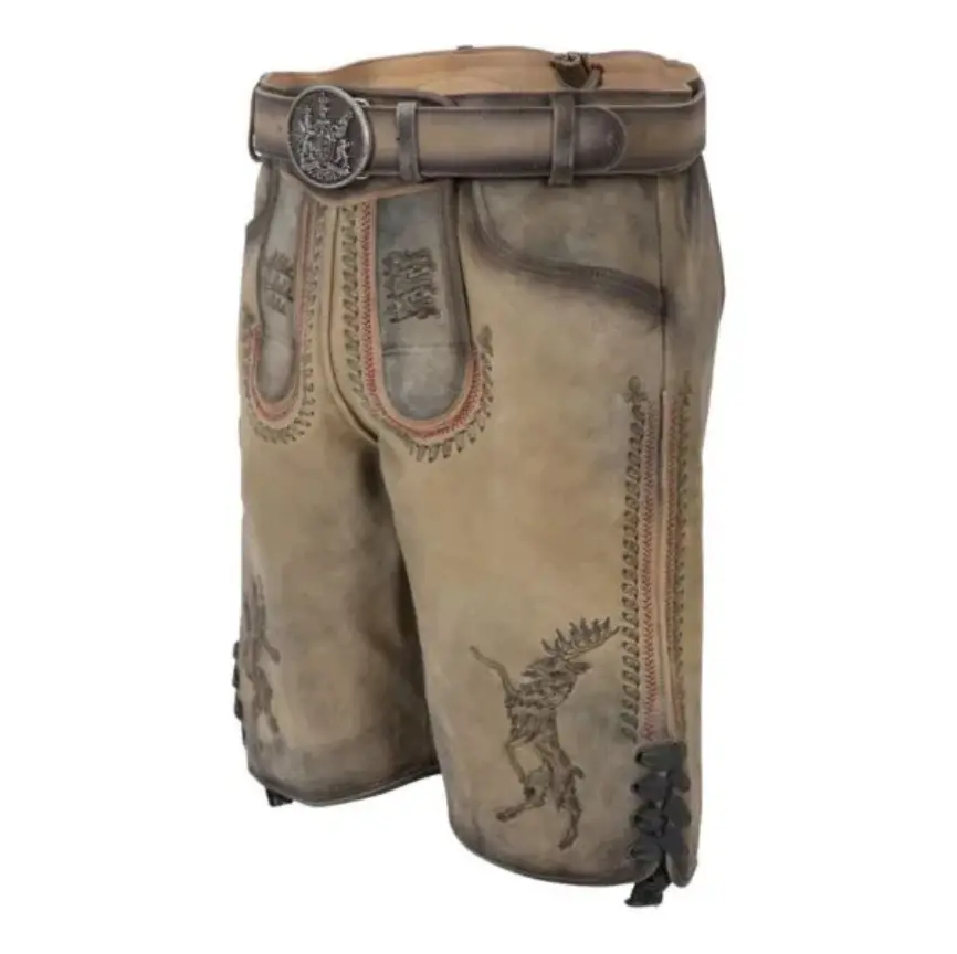 Traditional German lederhosen shorts Almstark with detailed patterns