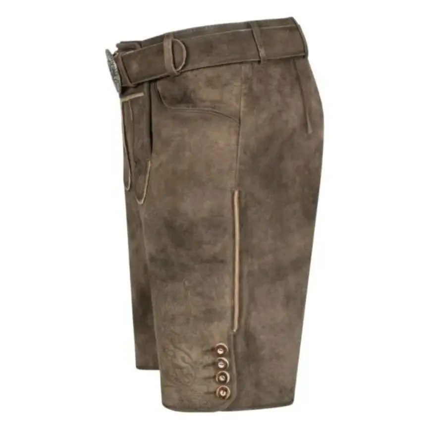 Left side angle of AlpenRich Brown leather shorts showcasing button detail