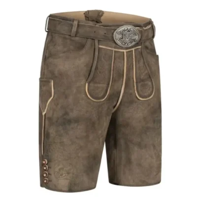 Back-side angle of AlpenRich Brown lederhosen with neutral tones and contrast seams