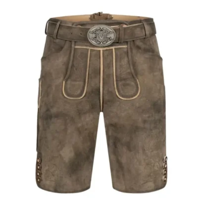 Full frontal view of AlpenRich Brown Bavarian lederhosen in natural brown finish