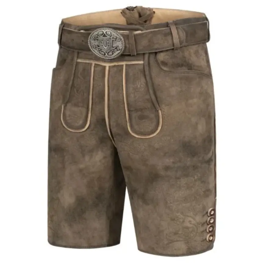 Front view of AlpenRich Brown lederhosen with classic belt and traditional embroidery