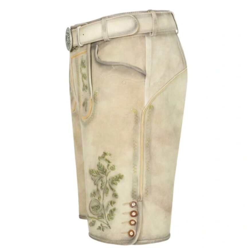Left side angle of Alpine Breeze traditional Bavarian shorts with floral stitch detail