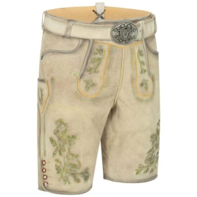 Front view of Alpine Breeze lederhosen in cream suede with green embroidery and belt