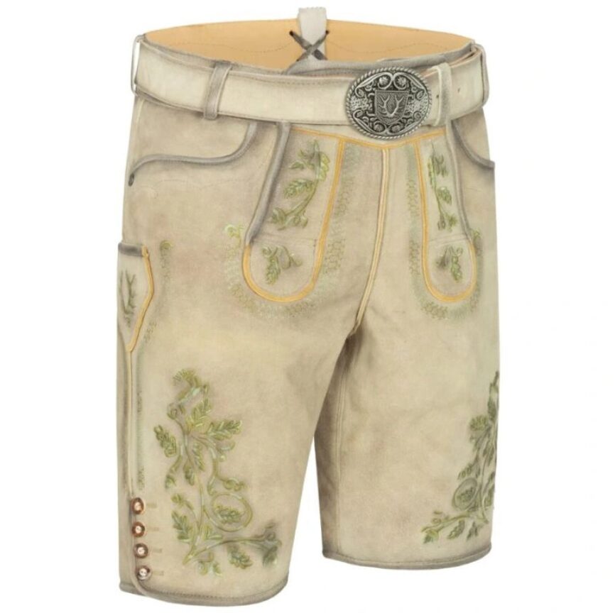 Front view of Alpine Breeze lederhosen in cream suede with green embroidery and belt