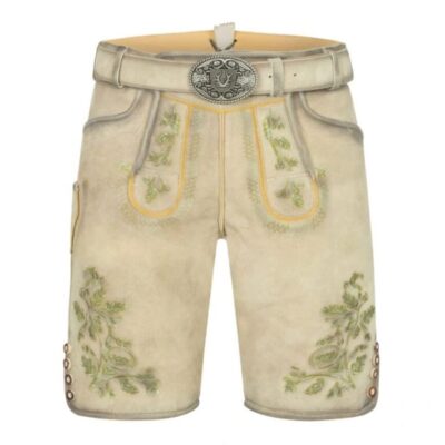 Full frontal shot of Alpine Breeze lederhosen with decorative leaf embroidery and vintage finish
