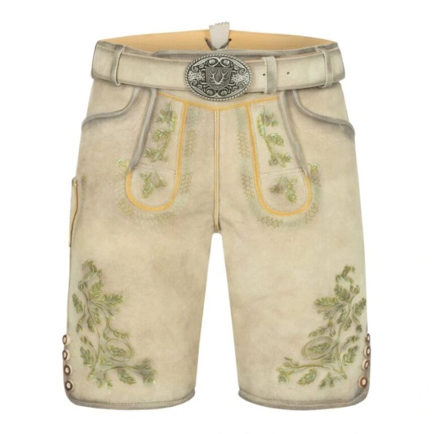 Full frontal shot of Alpine Breeze lederhosen with decorative leaf embroidery and vintage finish