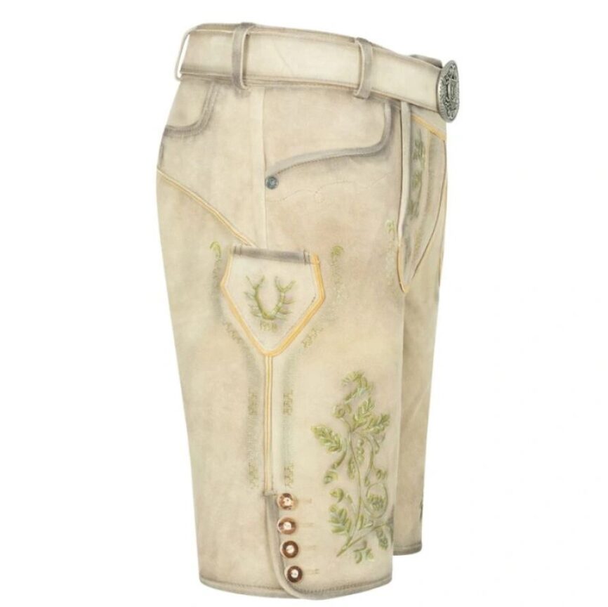 Right view of Alpine Breeze leather shorts showcasing engraved belt and button accents