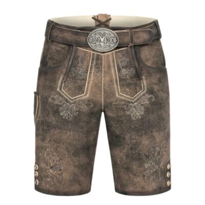 Front view of Alpine Edge lederhosen in rugged brown suede with ornate embroidery and vintage belt