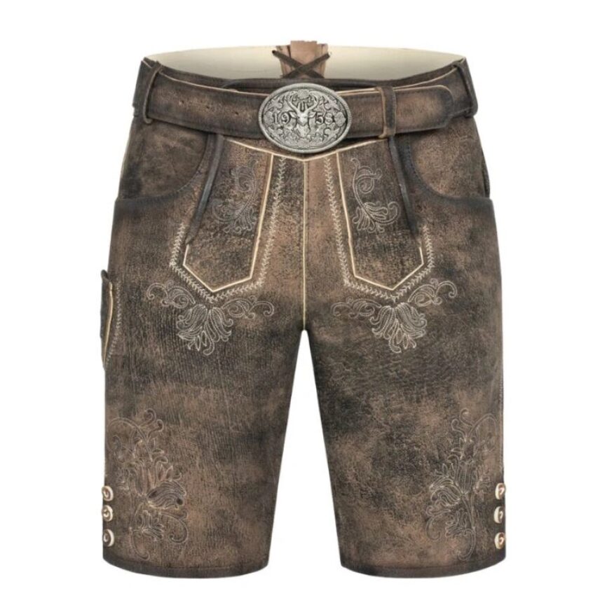 Front view of Alpine Edge lederhosen in rugged brown suede with ornate embroidery and vintage belt