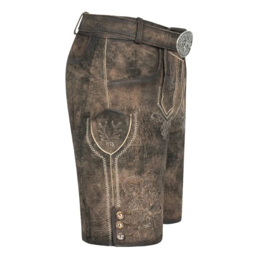 Right-side angle of Alpine Edge traditional Bavarian shorts featuring detailed leather texture and antique buttons