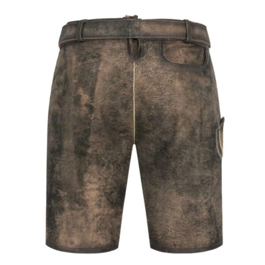 Rear view of Alpine Edge lederhosen showcasing natural leather grain and sturdy waistband