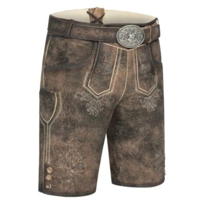 Left-side angle of Alpine Edge Bavarian leather shorts with crest stitching and aged finish
