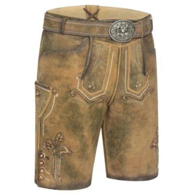 Front-right view of Alpine Legend lederhosen in faded brown leather with embroidered panels and antique belt