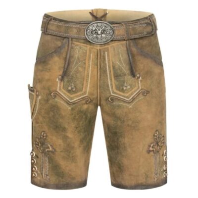 Full frontal view of Alpine Legend suede lederhosen featuring symmetrical stitching and vintage Bavarian design