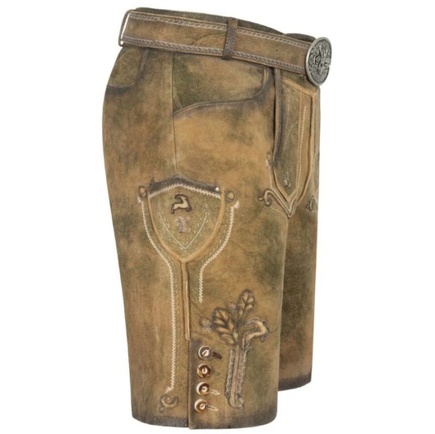 right-side angle of Alpine Legend Bavarian shorts with crest embroidery and detailed side buttons