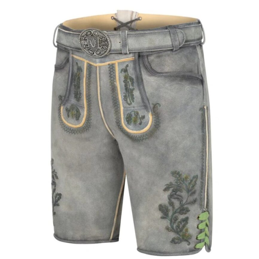 right-side view of Alpine Mist lederhosen showcasing traditional crest stitching and vibrant green tie