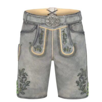 Full frontal view of Alpine Mist lederhosen in stone-gray suede with floral embroidery and Bavarian belt