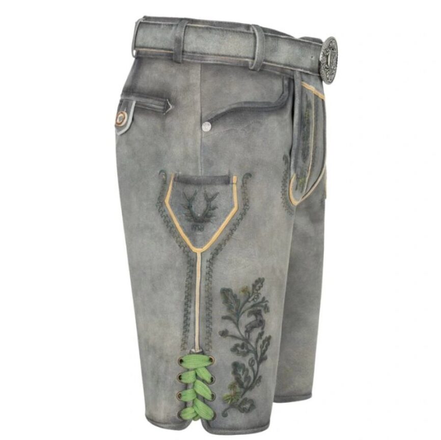 Right-side profile of Alpine Mist lederhosen with decorative stitching and green side laces