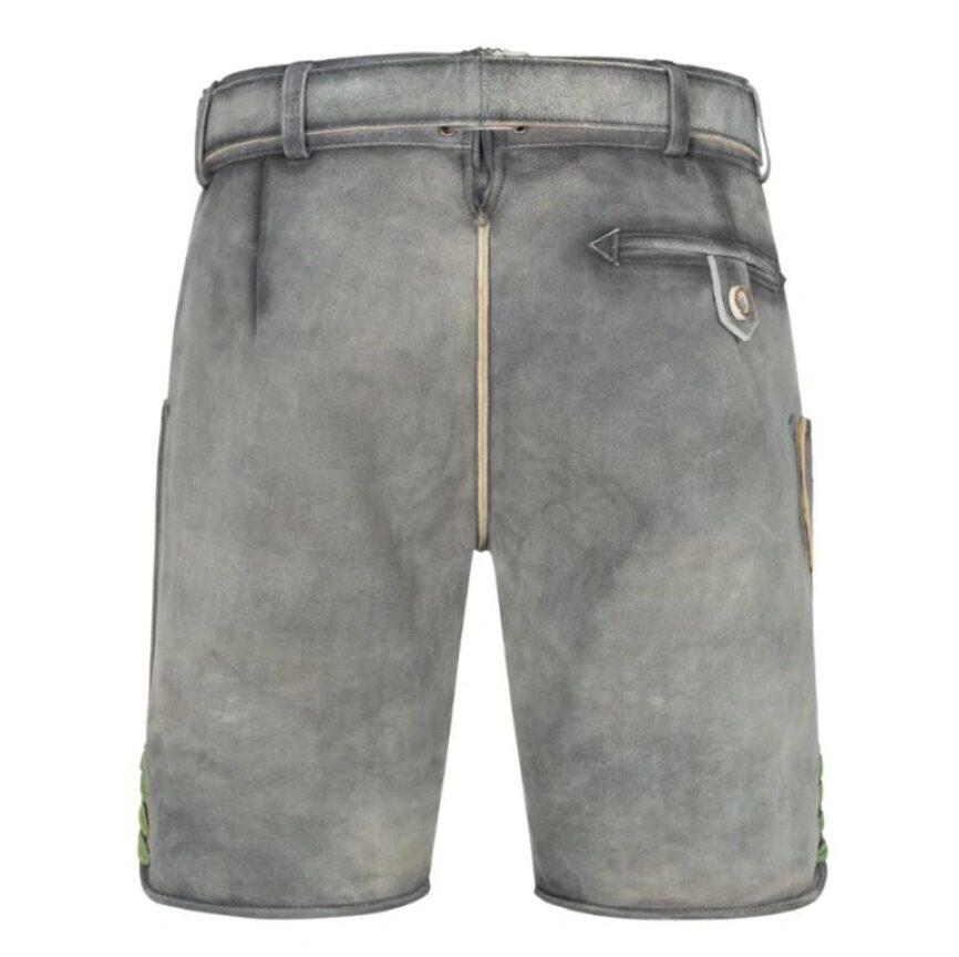 Rear view of Alpine Mist lederhosen in light gray suede with a modern minimalist finish