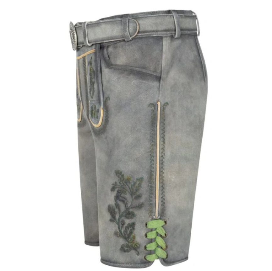 Front-left angle of Alpine Mist Bavarian shorts with oak leaf embroidery and soft green lacing