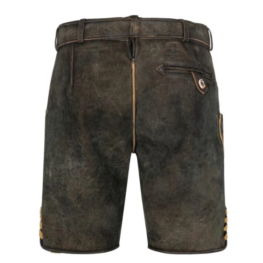 Rear view of Alpine Warrior lederhosen showing rustic leather texture and classic Bavarian tailoring