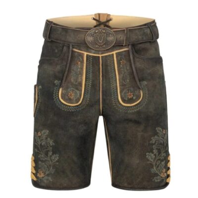 Full frontal view of Alpine Warrior German leather shorts in deep brown with bold stitching and embroidery