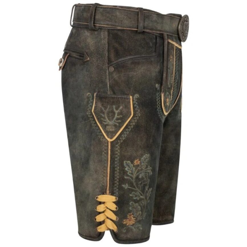 Front-right view of Alpine Warrior lederhosen highlighting authentic Alpine design and golden accents