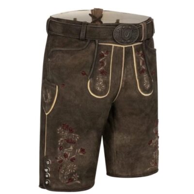 Front-right perspective of Alpkönig German lederhosen with contrast stitching and floral scroll accents