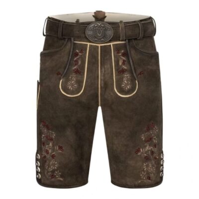 Full frontal image of Alpkönig Bavarian leather shorts featuring elegant embroidery, beige piping, and a classic buckled belt
