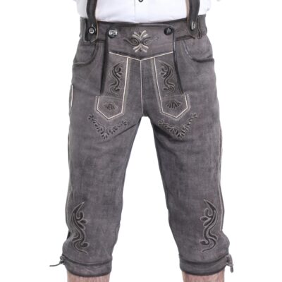 Grey bundhosen with embroidered drop-front flap and contrasting trim embroidery along knees.