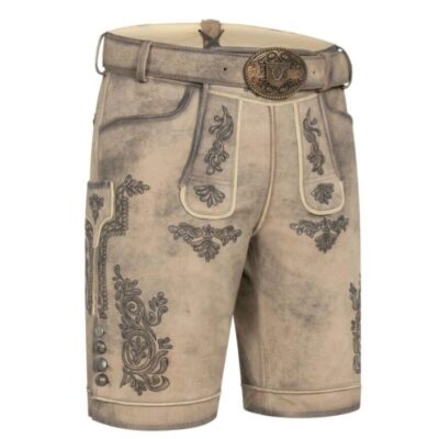 Front-right view of Bavarian Crown German shorts featuring ornate stitching and traditional flap design
