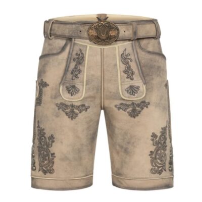 Full frontal view of Bavarian Crown lederhosen with regal embroidery and authentic Bavarian design