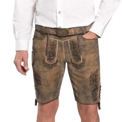 Front view of Bavarian Heritage shorts with rich embroidery, a Bavarian belt, and button accents