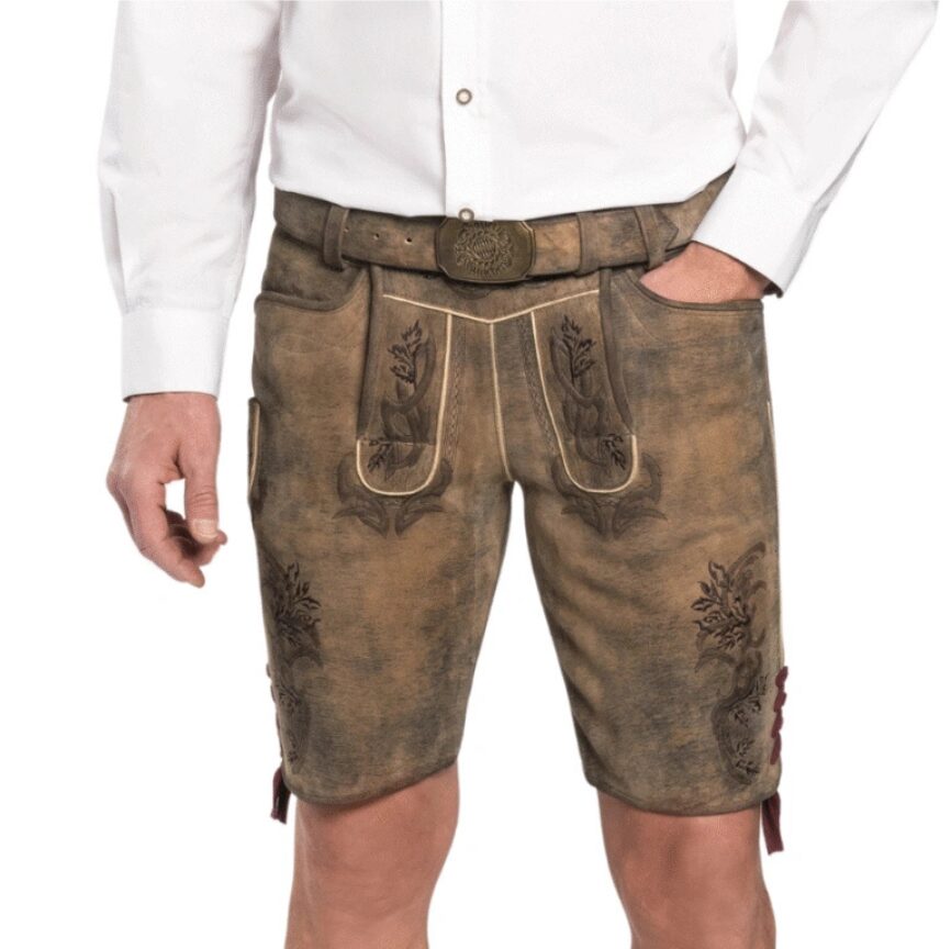 Front view of Bavarian Heritage shorts with rich embroidery, a Bavarian belt, and button accents