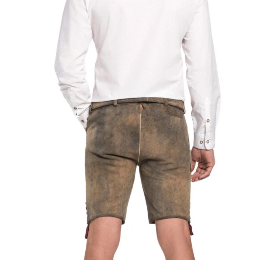 Rear view of Bavarian Heritage lederhosen showcasing classic faded brown suede and structured fit