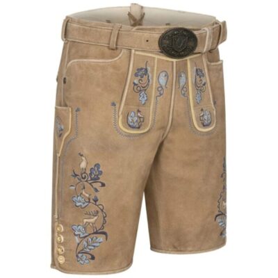 Front-right angle of Bavarian Sky traditional lederhosen with pastel floral motifs and classic flap design