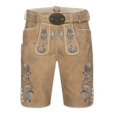 Full frontal image of Bavarian Sky lederhosen featuring blue oak leaf embroidery, antique buckle, and nature-themed motifs