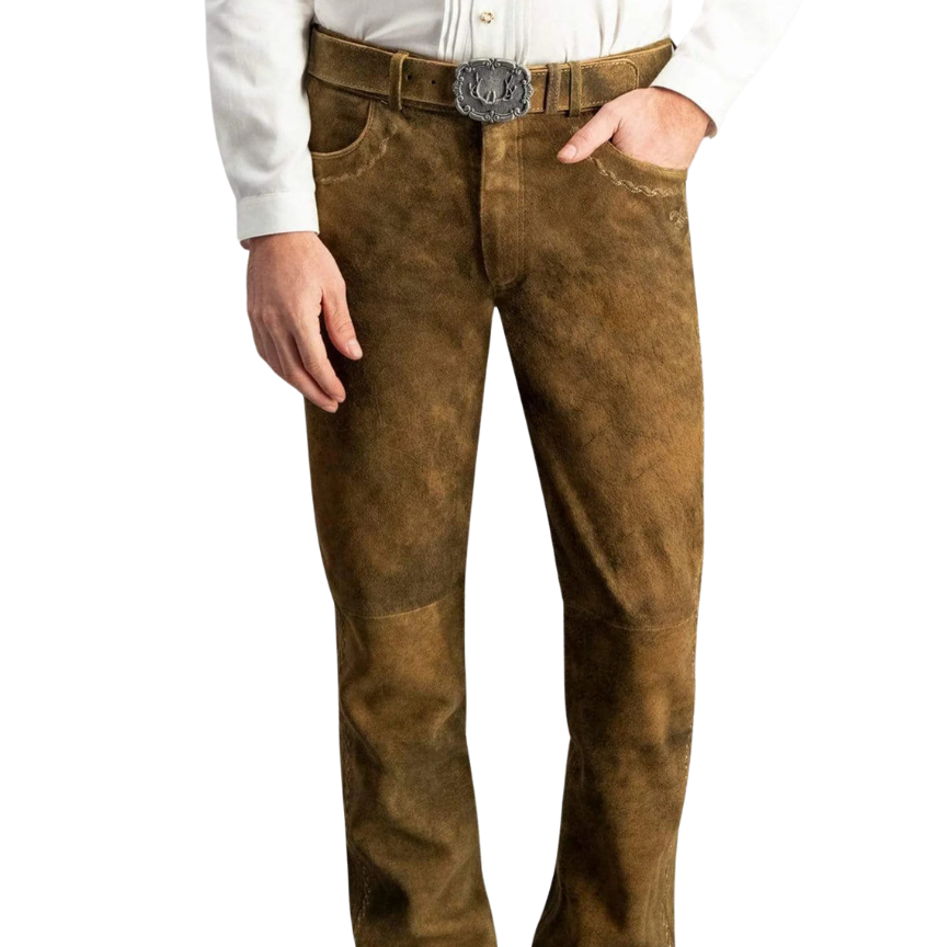 "Close-up of brown long lederhosen pants with traditional embroidery and belt buckle, paired with a white shirt.